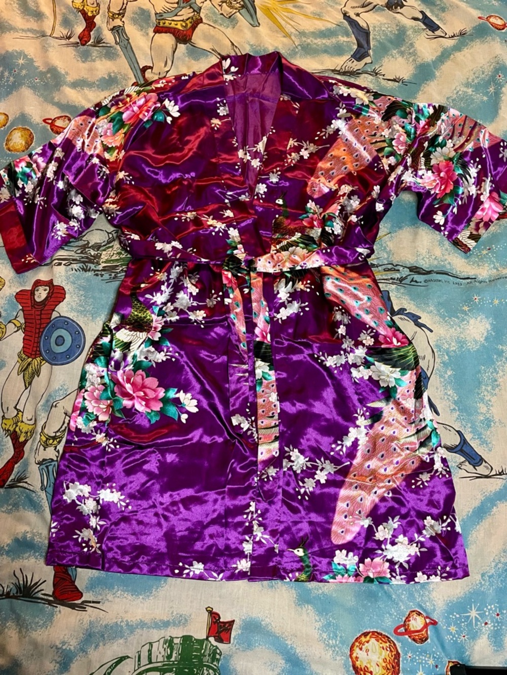 Purple Peacock Floral Satin Kimono Robe with Tie Belt XL